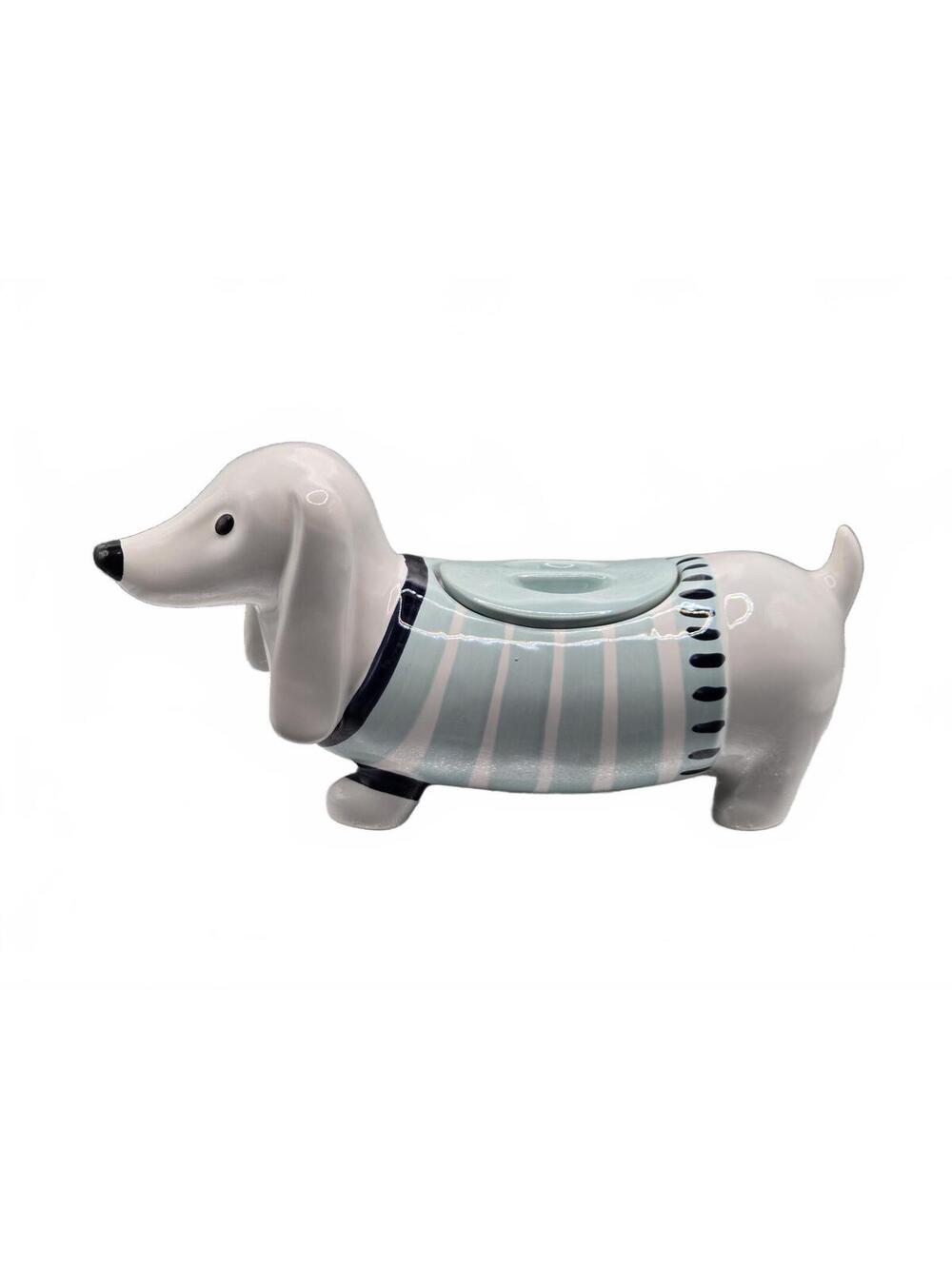 Dachshund Cookie Treat Jar Weiner Dog Threshold Teal Green Blue Striped EUC - Picture 1 of 7